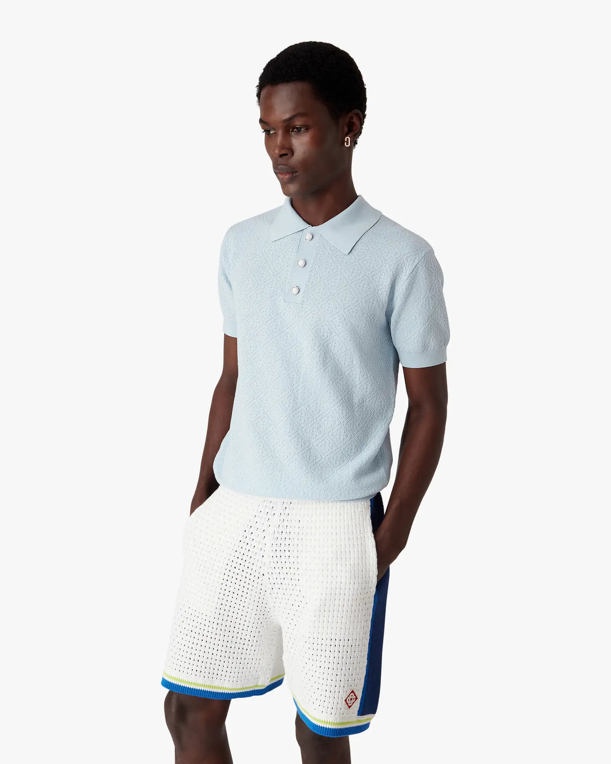 Blue Pointelle Monogram Short Sleeve Polo Shirt