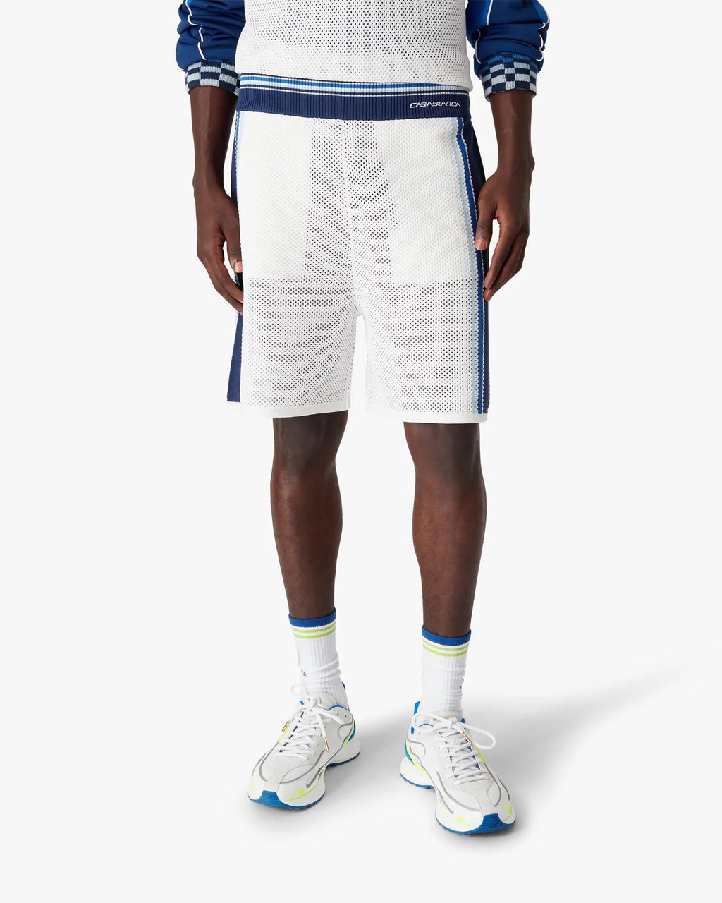 White & Blue Striped Mesh Track Shorts